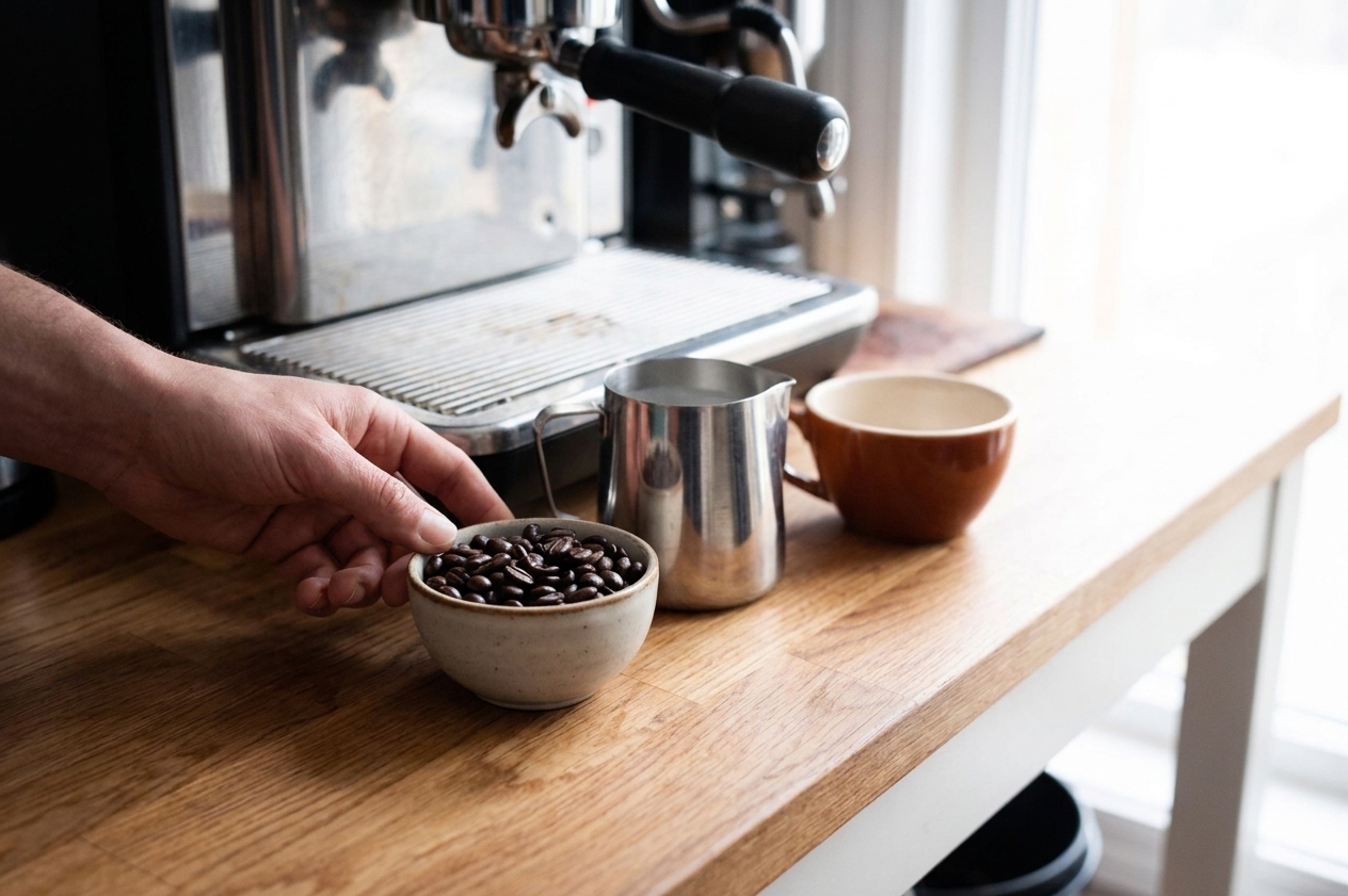 Espresso beans in a small bowl next to a stainless milk frothing pitcher and a demitasse cup on a clean kitchen counter