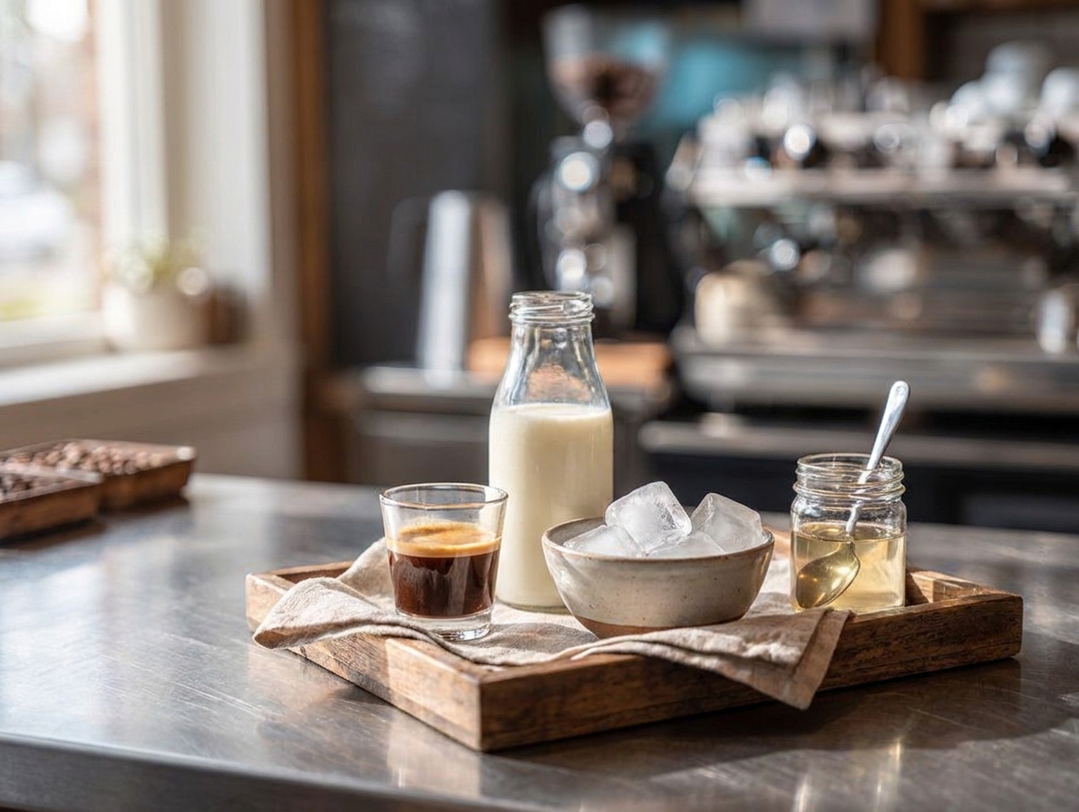 Espresso, milk, ice cubes, and a small jar of simple syrup arranged on a clean kitchen counter in natural light