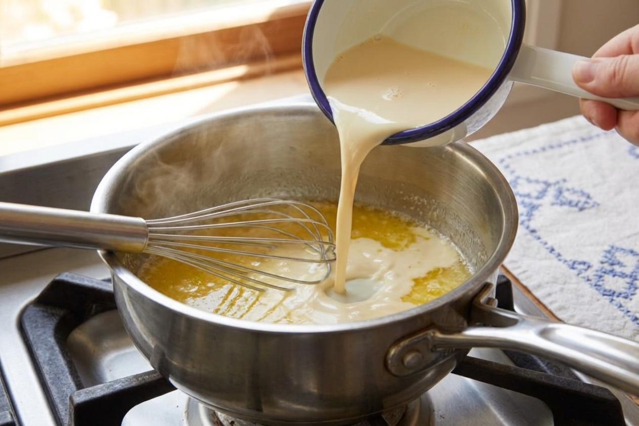 Evaporated milk being poured into a warm saucepan with melted butter, whisk resting in the pan