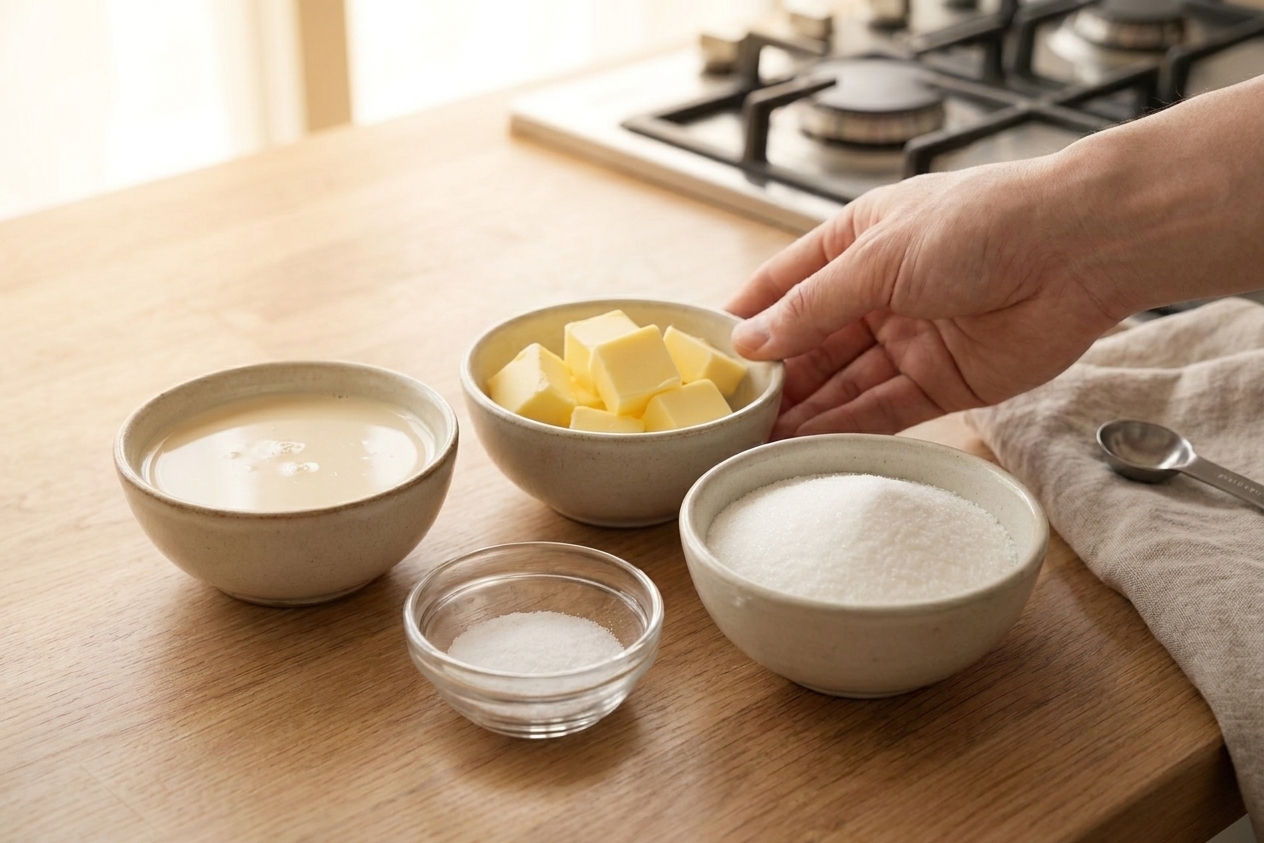 Evaporated milk, butter, sugar, and salt measured and ready in small bowls on a tidy kitchen counter with warm natural light