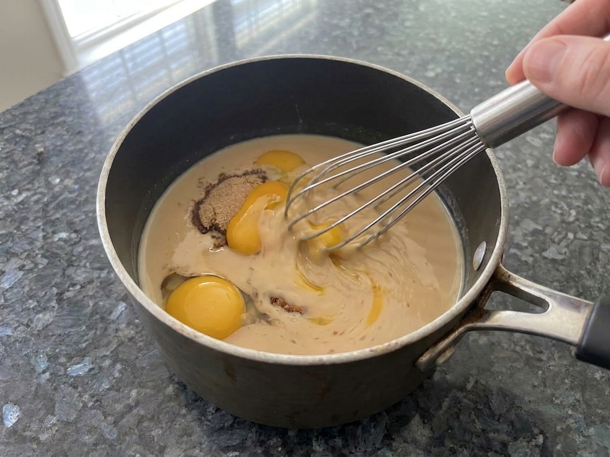 Evaporated milk, egg yolks, and brown sugar being whisked together in a saucepan until smooth