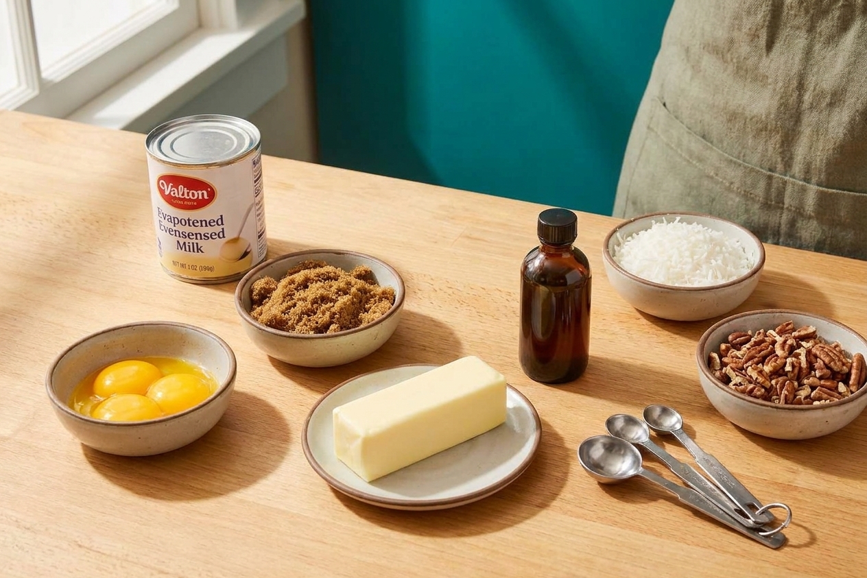 Evaporated milk, egg yolks, brown sugar, butter, vanilla, shredded coconut, and chopped pecans arranged on a clean kitchen counter with measuring spoons