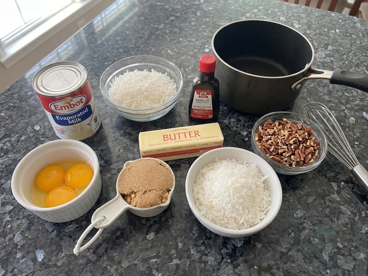 Evaporated milk, egg yolks in a small bowl, brown sugar, butter, vanilla, shredded coconut, and chopped pecans arranged on a kitchen counter for German chocolate frosting