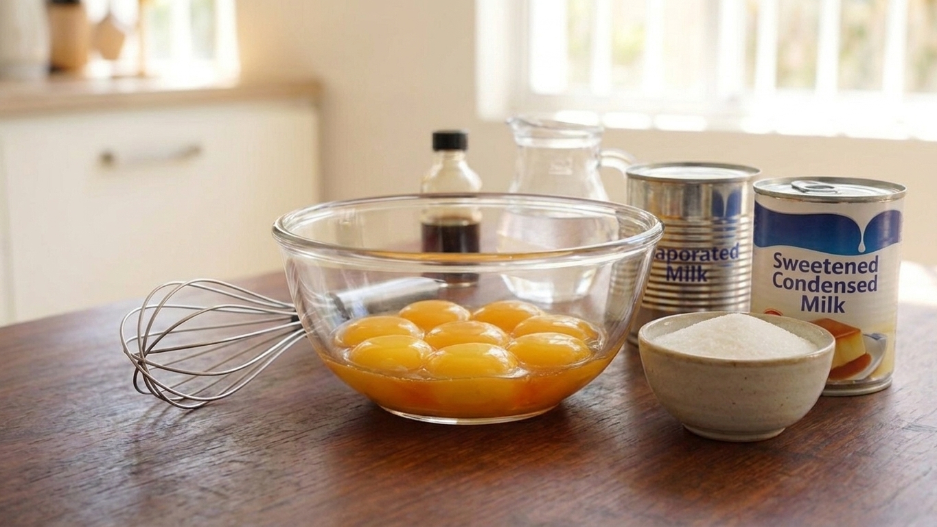 Evaporated milk, sweetened condensed milk, egg yolks, sugar, vanilla, and a small pitcher of water arranged on a tidy kitchen counter in natural light