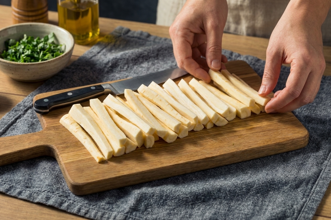 Evenly cut parsnip sticks on a cutting board, sized to roast at the same pace