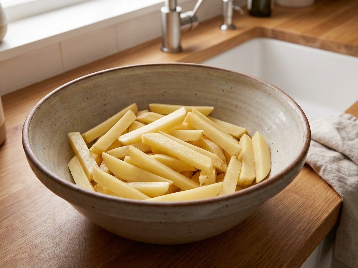 Evenly cut raw potato sticks in a large mixing bowl on a kitchen counter, ready to be rinsed and seasoned