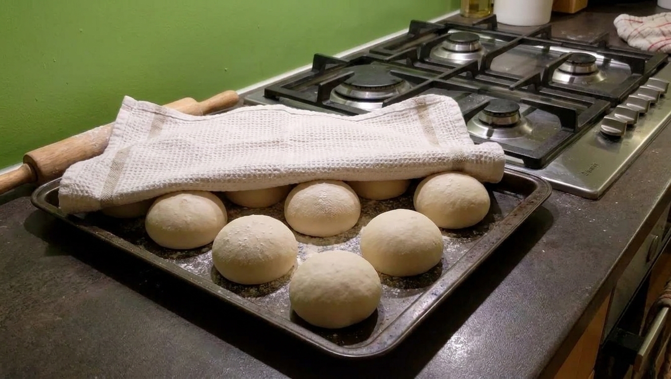 Evenly portioned chapati dough balls resting on a tray and covered with a towel