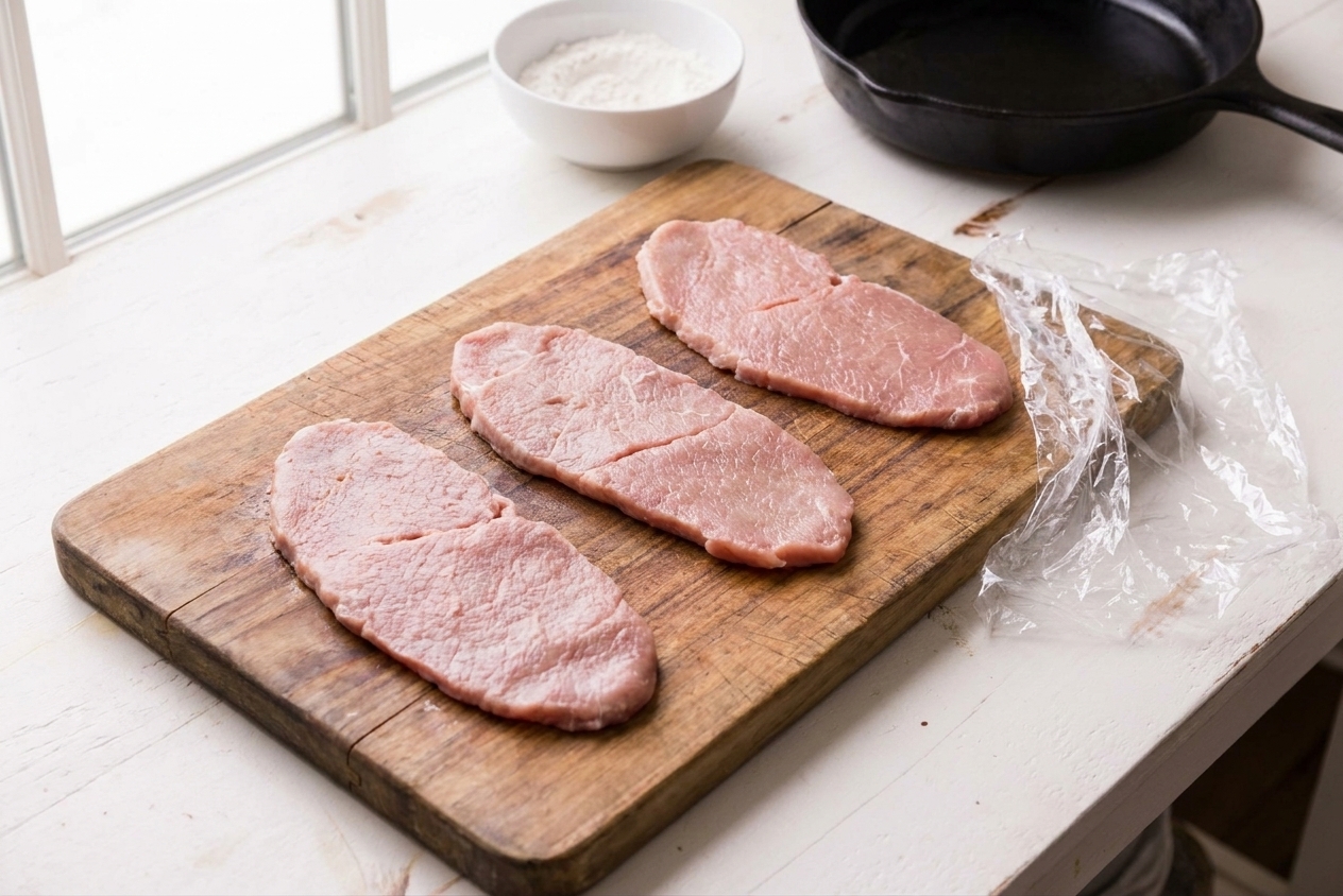 Evenly pounded veal cutlets laid flat on a cutting board with plastic wrap nearby in a bright home kitchen