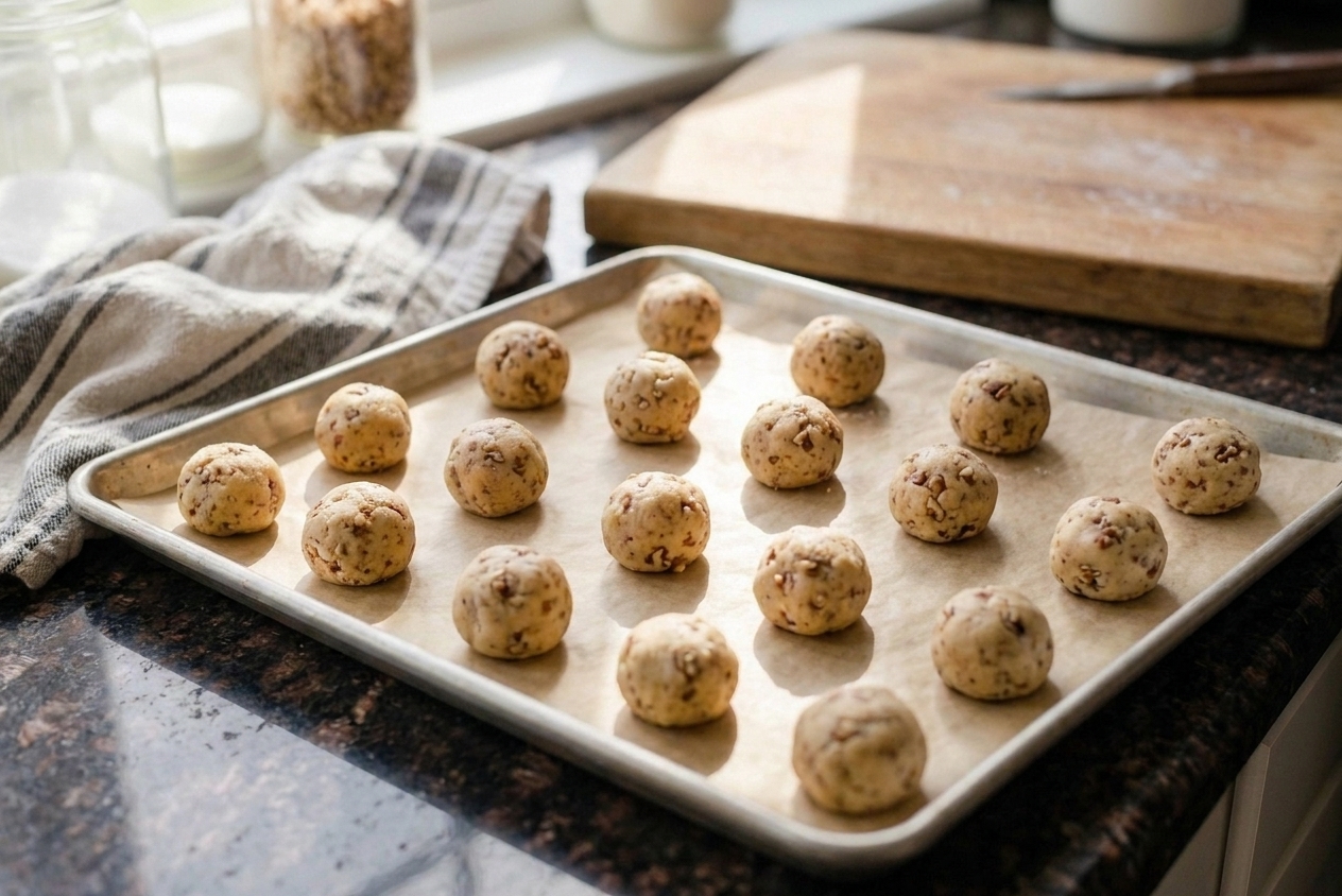 Evenly sized cookie dough balls arranged on a parchment-lined baking sheet ready to bake