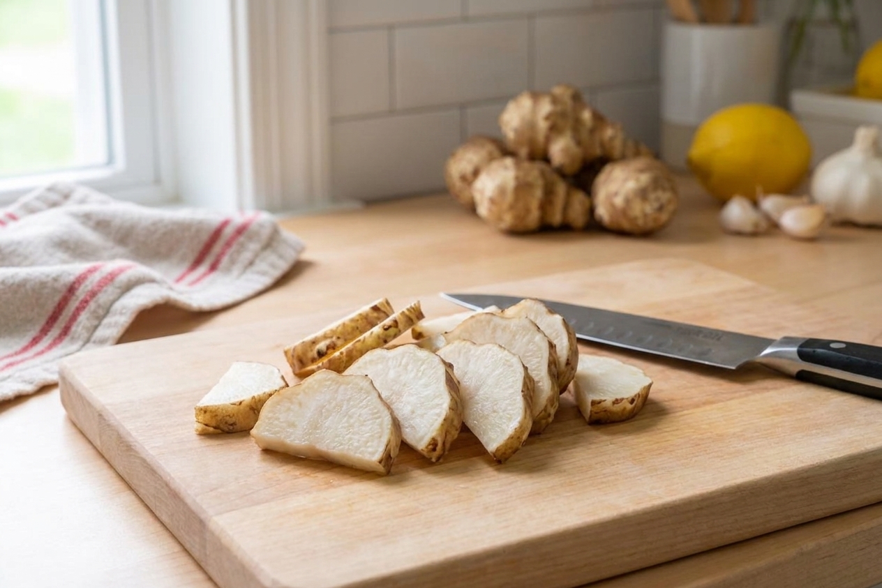 Evenly sliced Jerusalem artichokes cut into half-moon pieces on a wooden cutting board