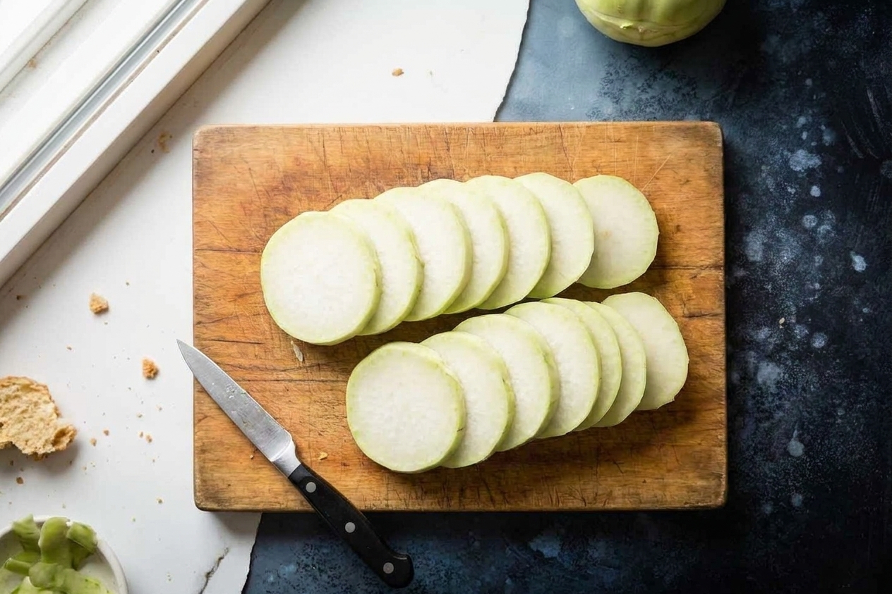 Evenly sliced kohlrabi coins arranged in a single layer on a cutting board in a home kitchen