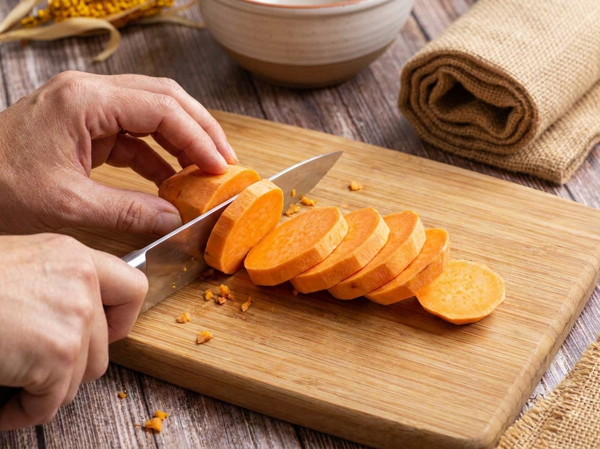 Evenly sliced rounds of peeled sweet potatoes arranged on a cutting board with a chef's knife, mid-prep on a clean kitchen counter