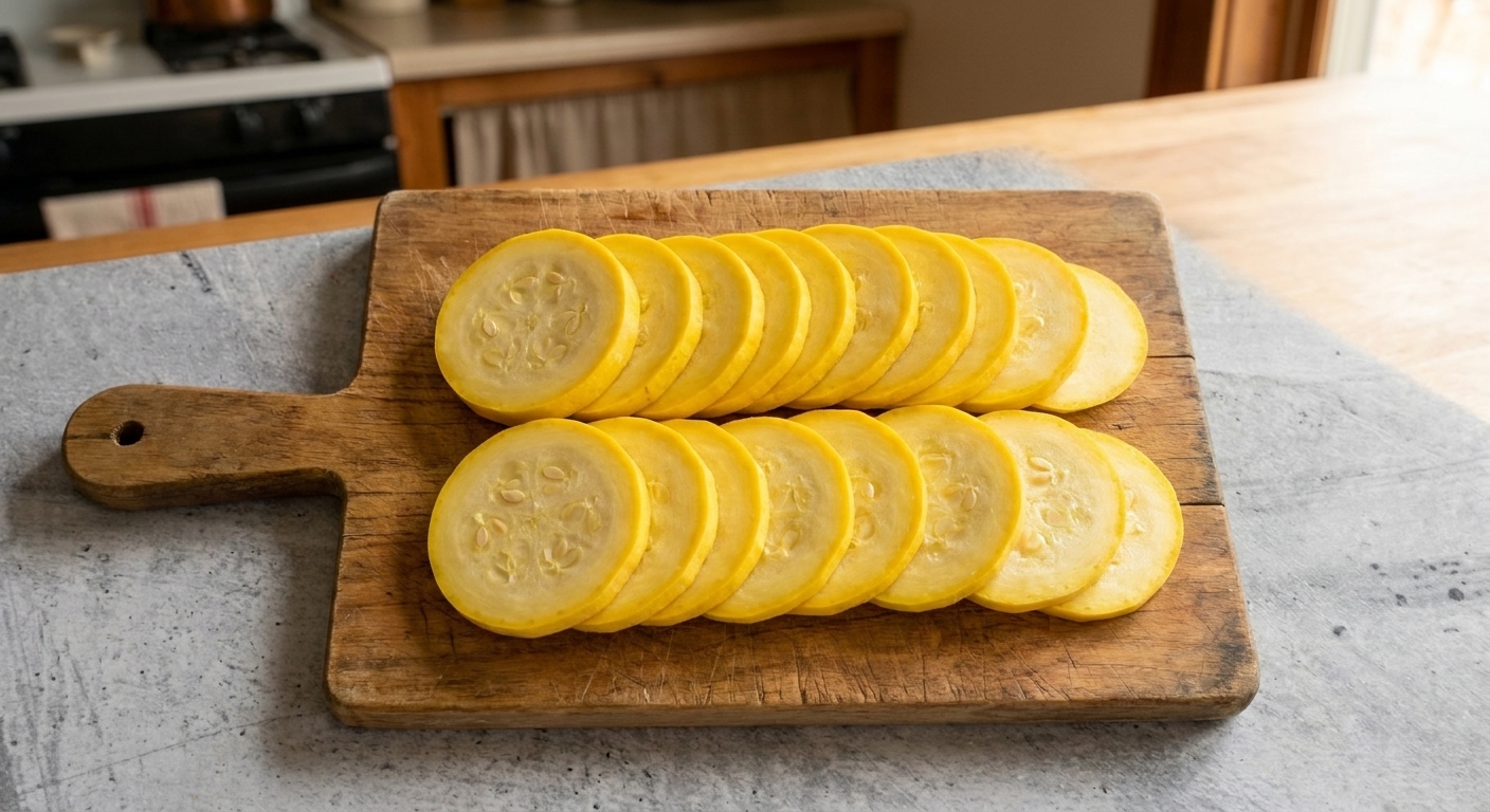 Evenly sliced yellow squash rounds arranged on a wooden cutting board on a kitchen counter