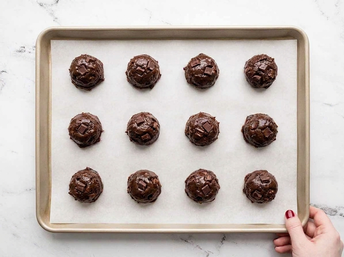 Evenly spaced balls of double chocolate cookie dough on a parchment-lined baking sheet on a kitchen counter