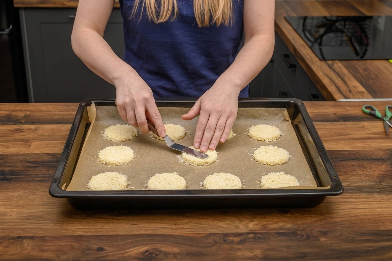 Evenly spaced mounds of grated Parmesan flattened into small circles on a parchment-lined baking sheet