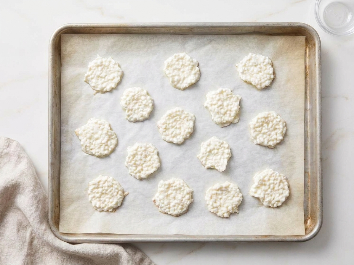 Evenly spaced spoonfuls of cottage cheese on parchment paper on a rimmed baking sheet before baking