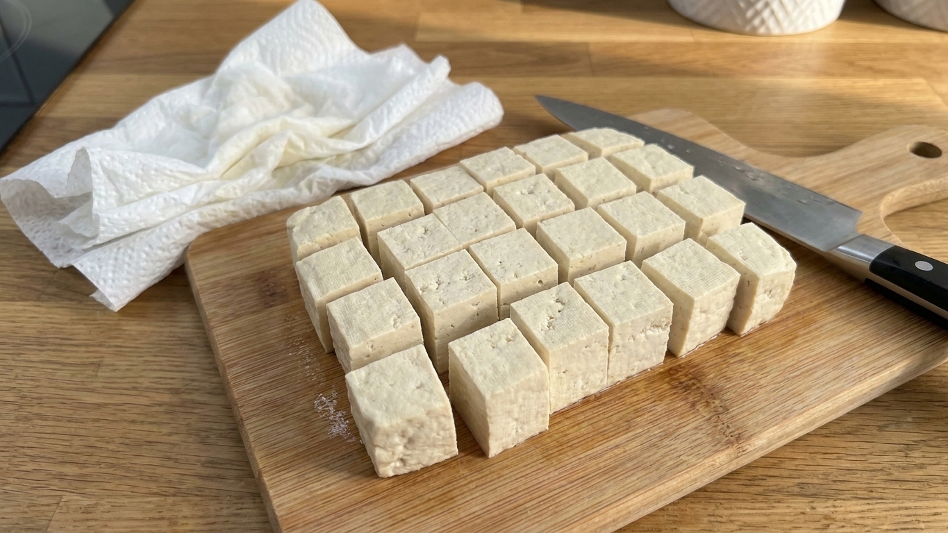 Extra-firm tofu cubes on a cutting board with paper towels nearby