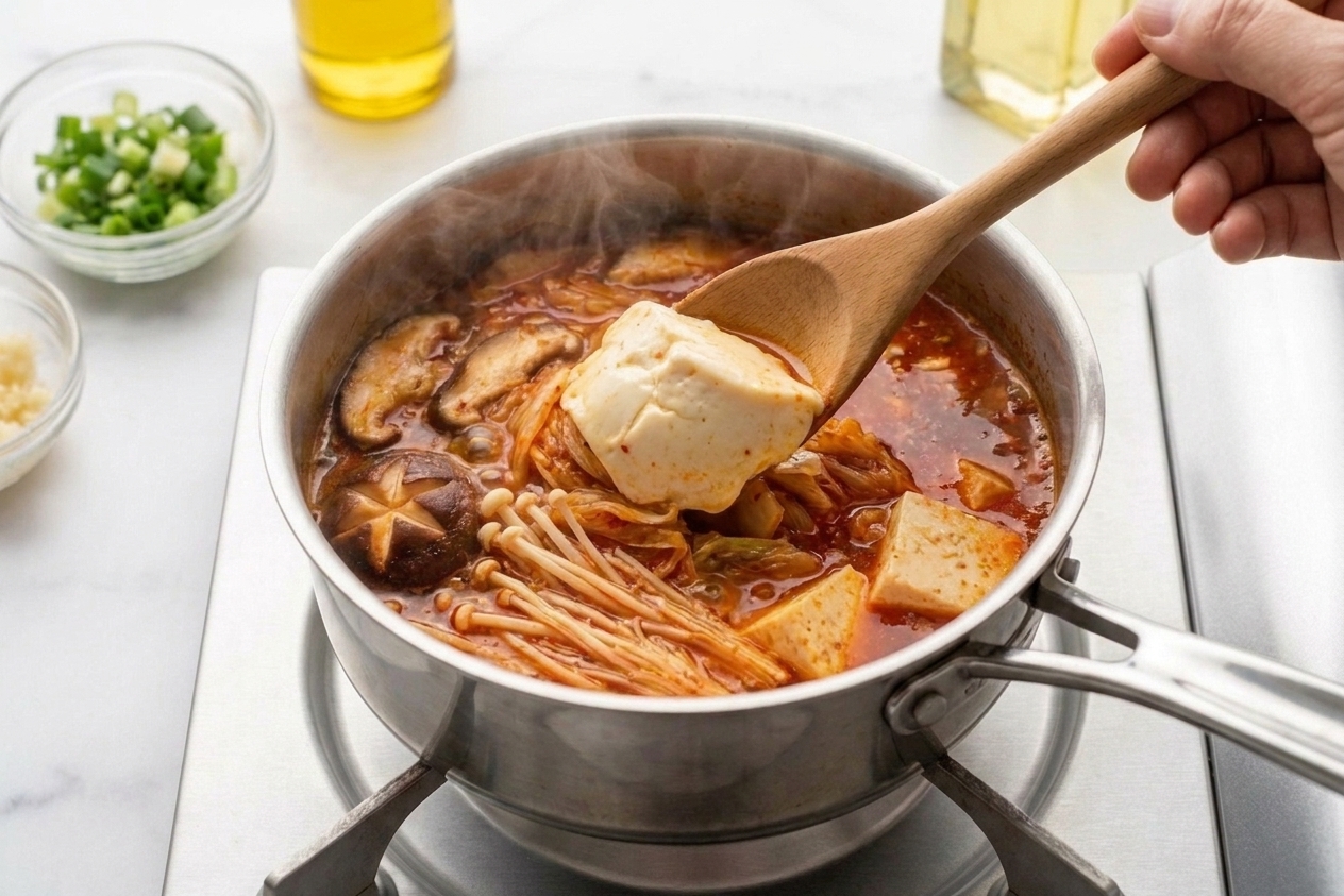 Extra-soft tofu being spooned into a simmering red kimchi broth in a saucepan