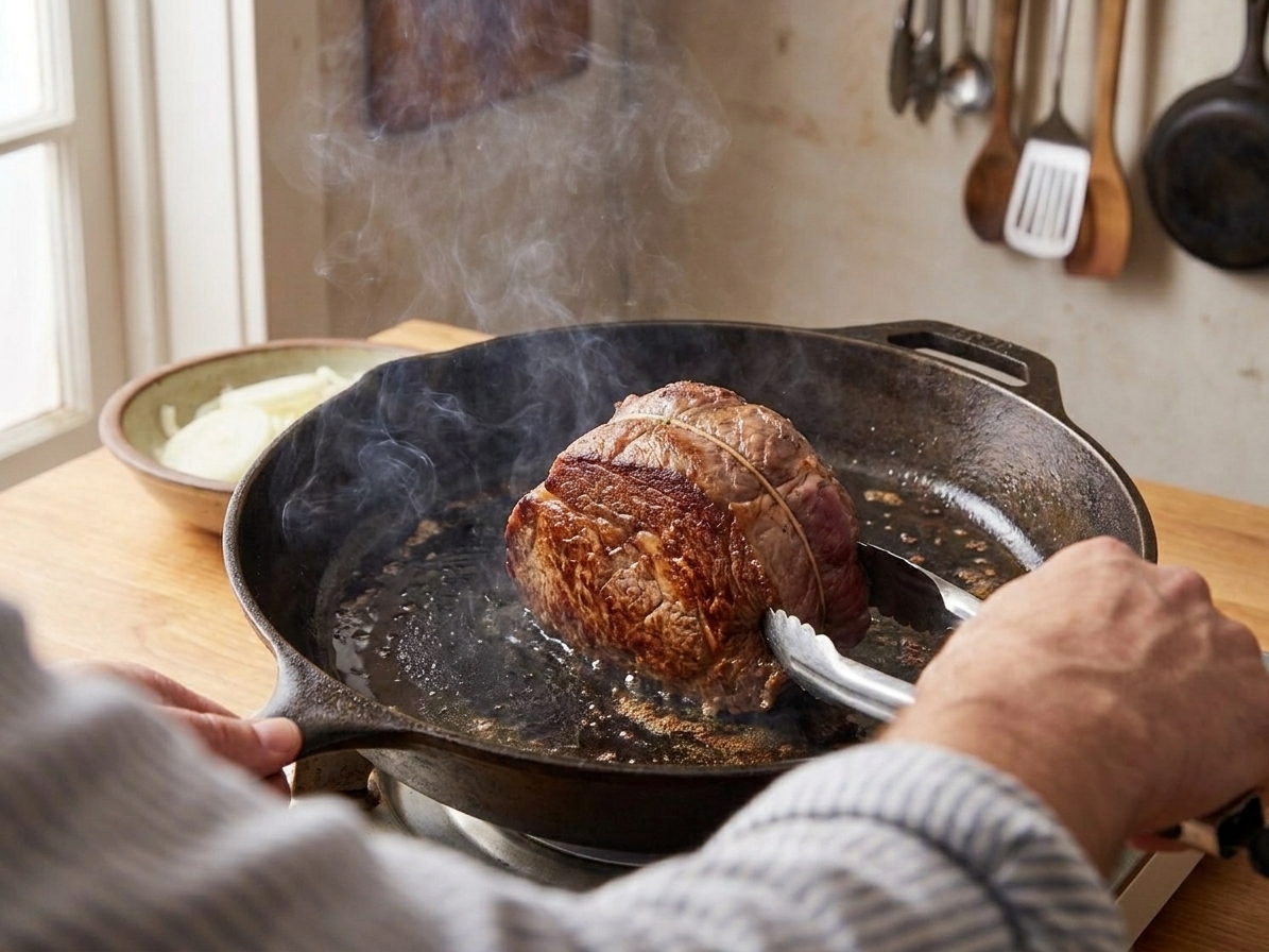 Eye of round steak browning in a hot cast iron skillet with a visible golden crust forming