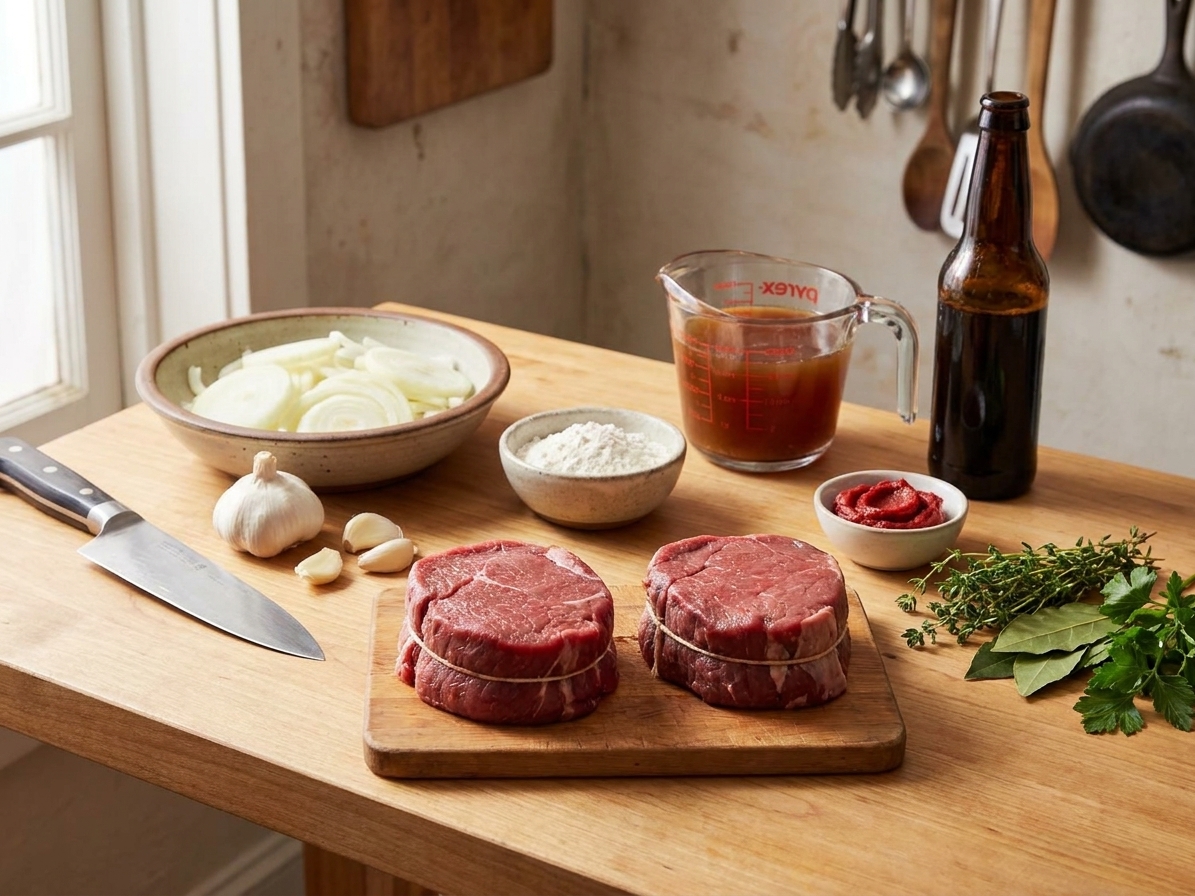 Eye of round steak, onions, garlic, flour, beef broth, beer, tomato paste, and herbs arranged on a clean kitchen counter