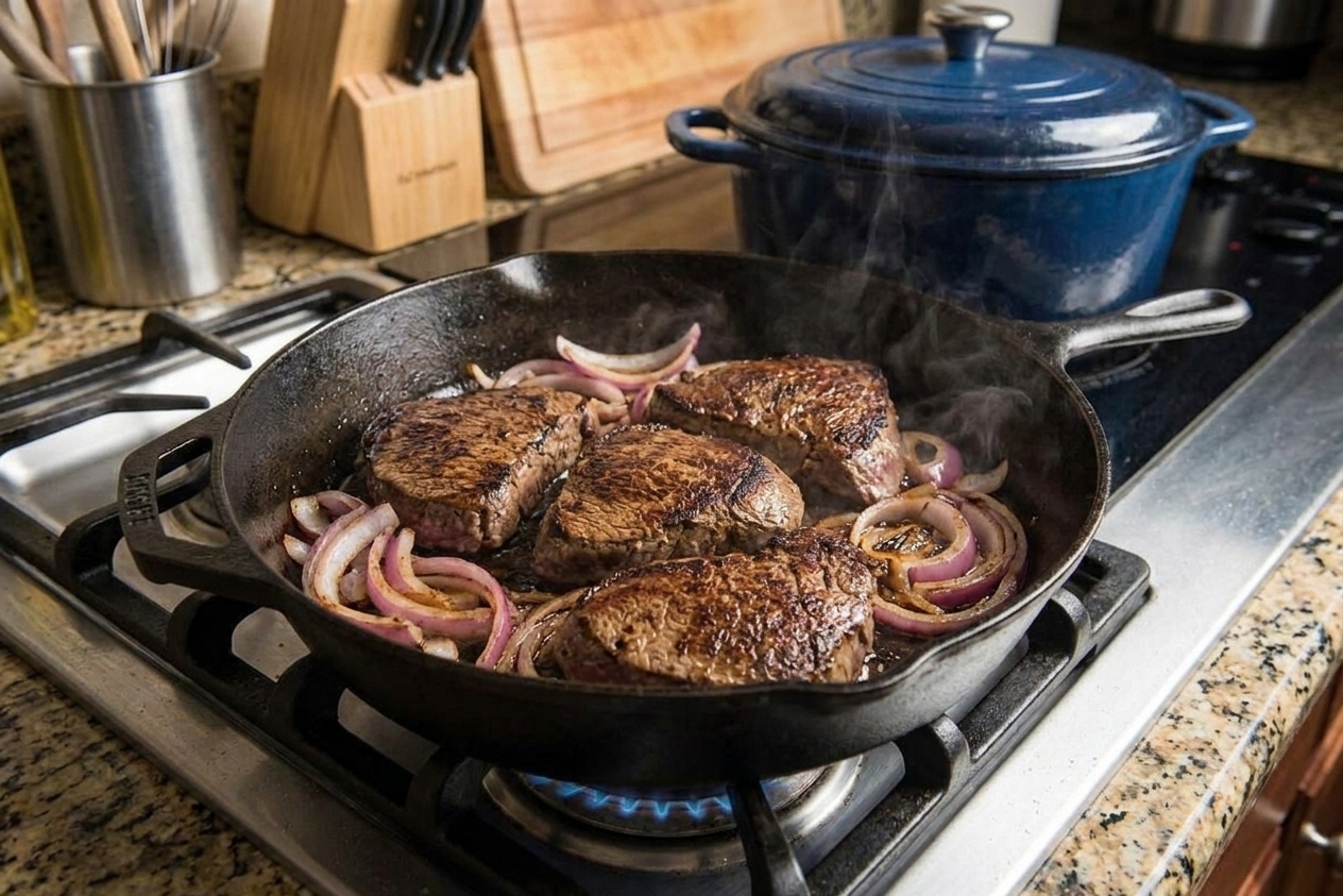 Eye of round steaks browning in a cast iron skillet with onions around the edges on a home stove