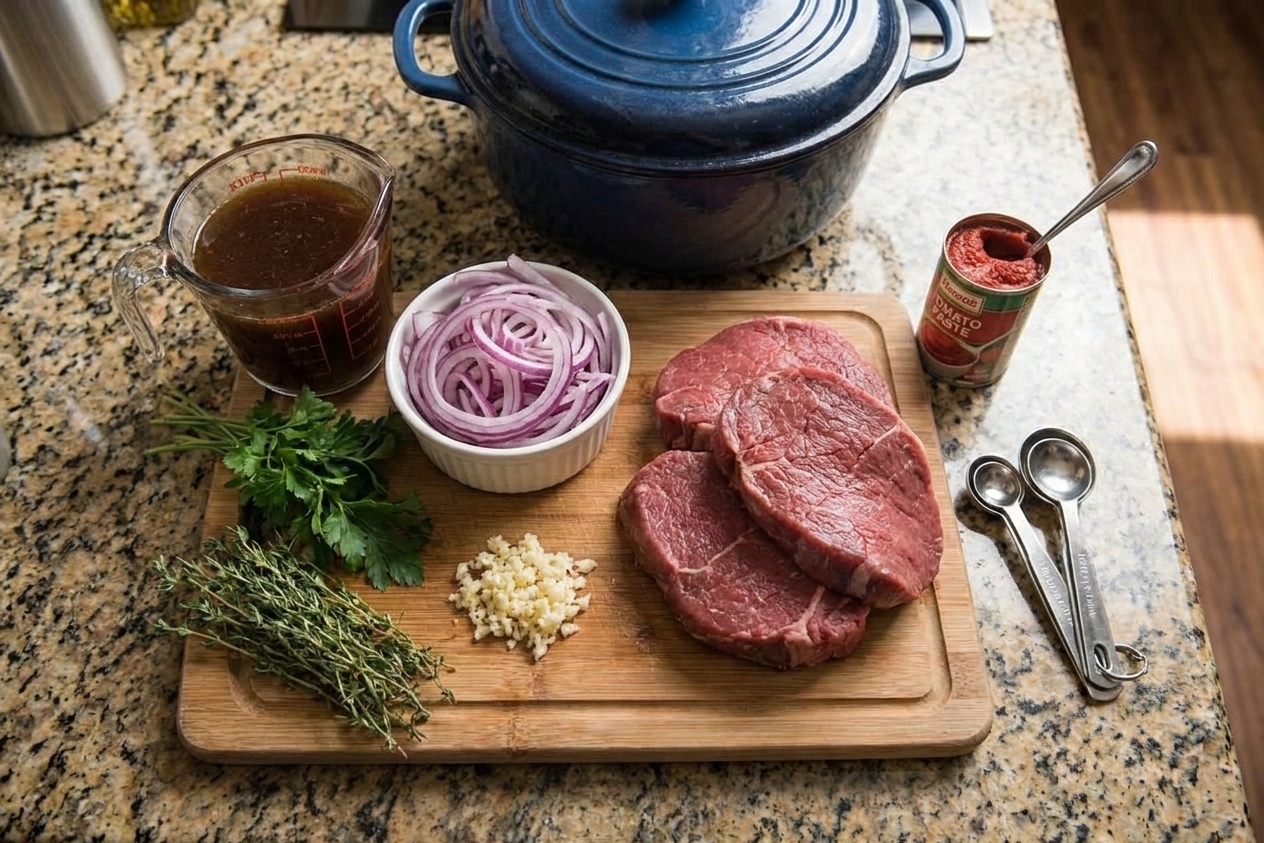 Eye of round steaks, sliced onion, garlic, broth, tomato paste, and herbs arranged on a kitchen counter with measuring spoons