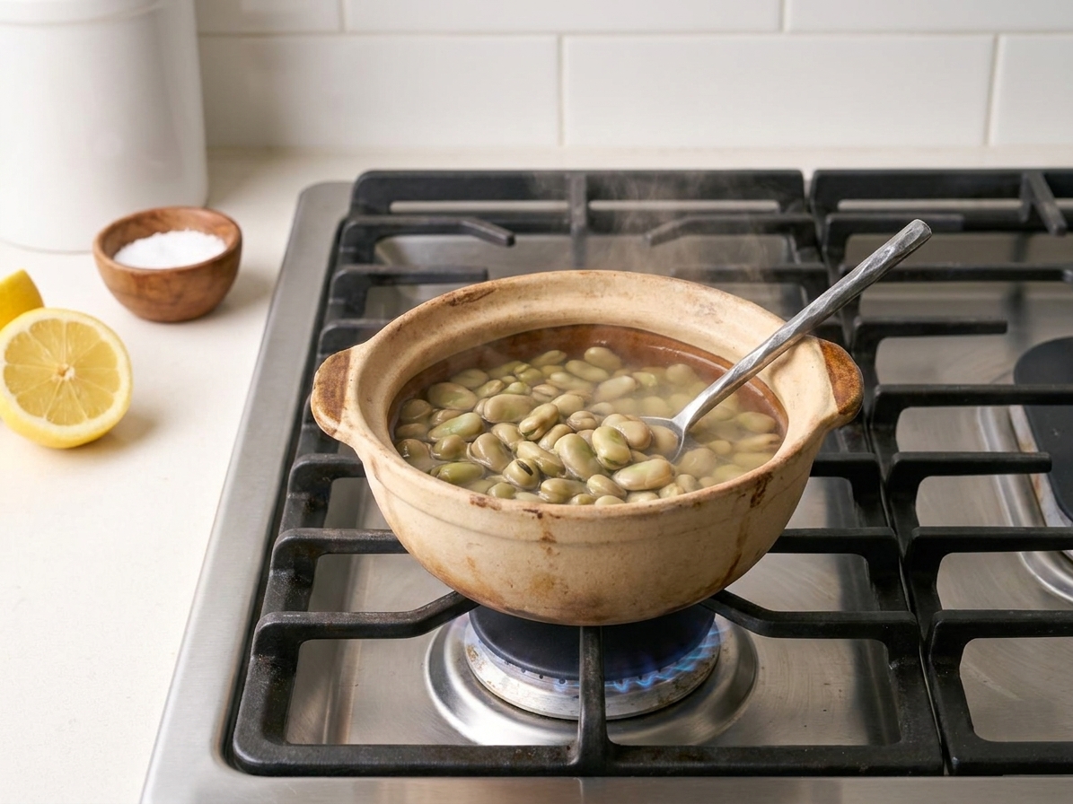 Fava beans simmering in a small pot of water on a stovetop, with steam rising in a bright home kitchen