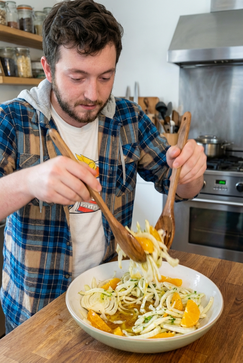 Fennel salad being tossed in a large bowl with orange segments and vinaigrette, with a wooden spoon mid-stir