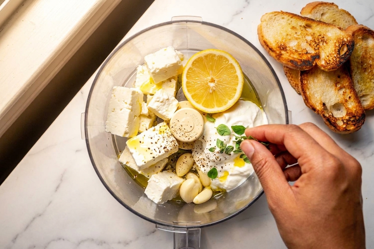 Feta, Greek yogurt, lemon, and garlic added to a food processor bowl on a bright kitchen counter