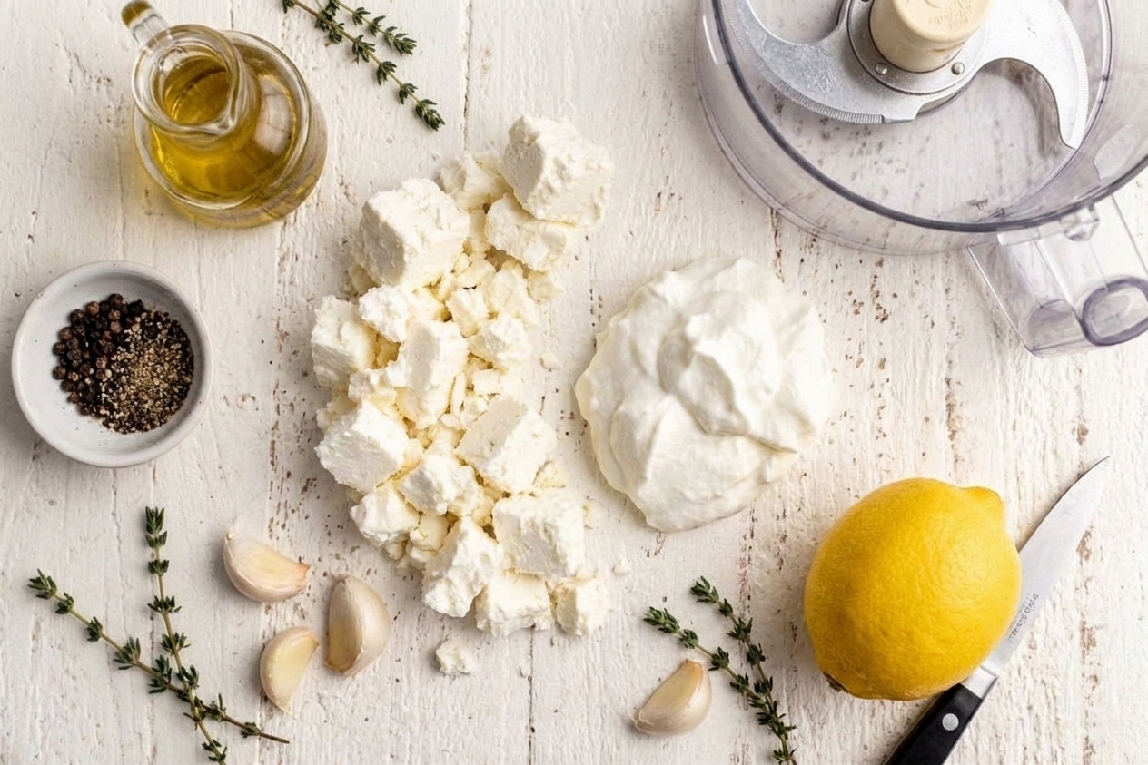 Feta cheese, Greek yogurt, a lemon, garlic cloves, olive oil, and black pepper arranged on a bright kitchen counter, ready for blending