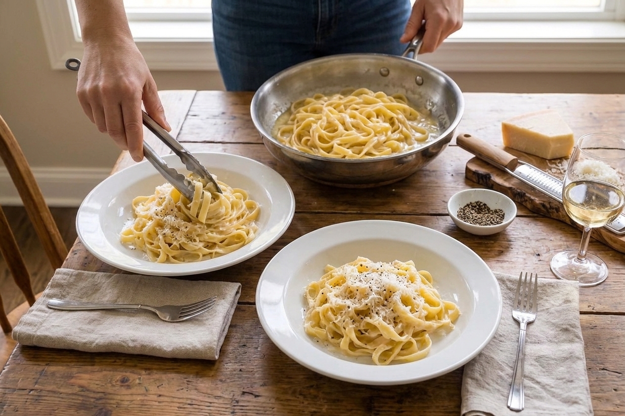 Fettuccine Alfredo being twirled into shallow bowls with tongs, topped with extra Parmesan and black pepper on a dinner table setting