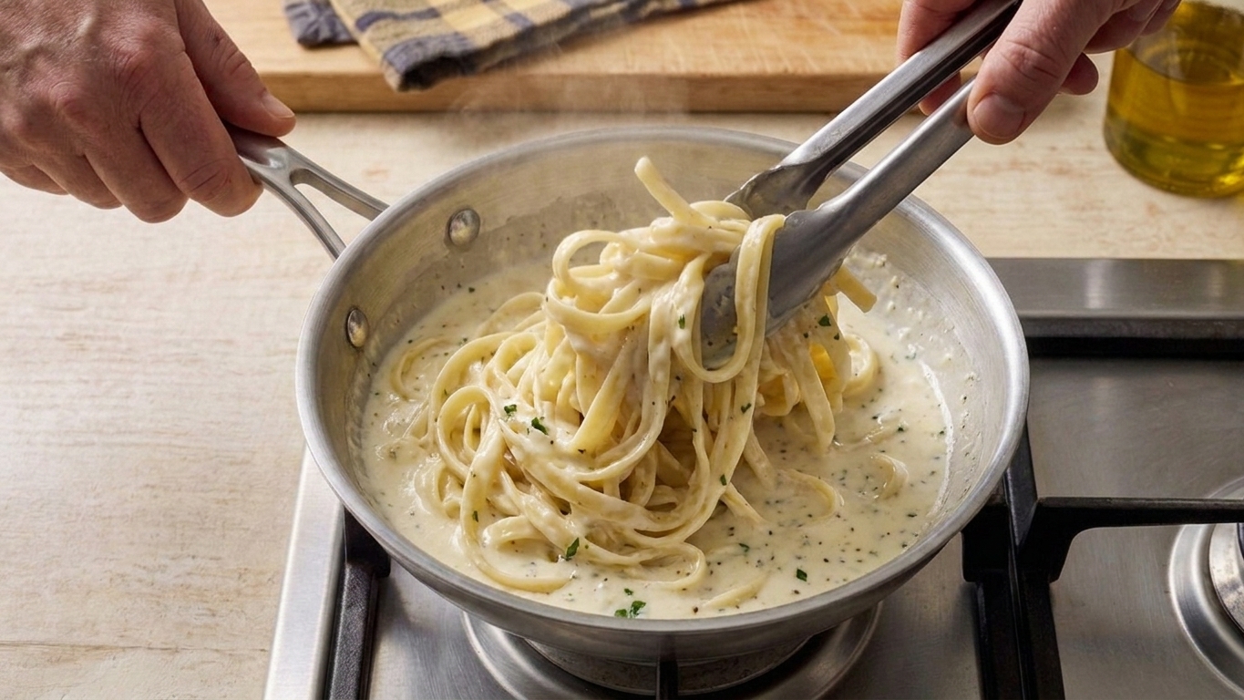 Fettuccine being tossed in Alfredo sauce in a skillet with tongs on a stovetop