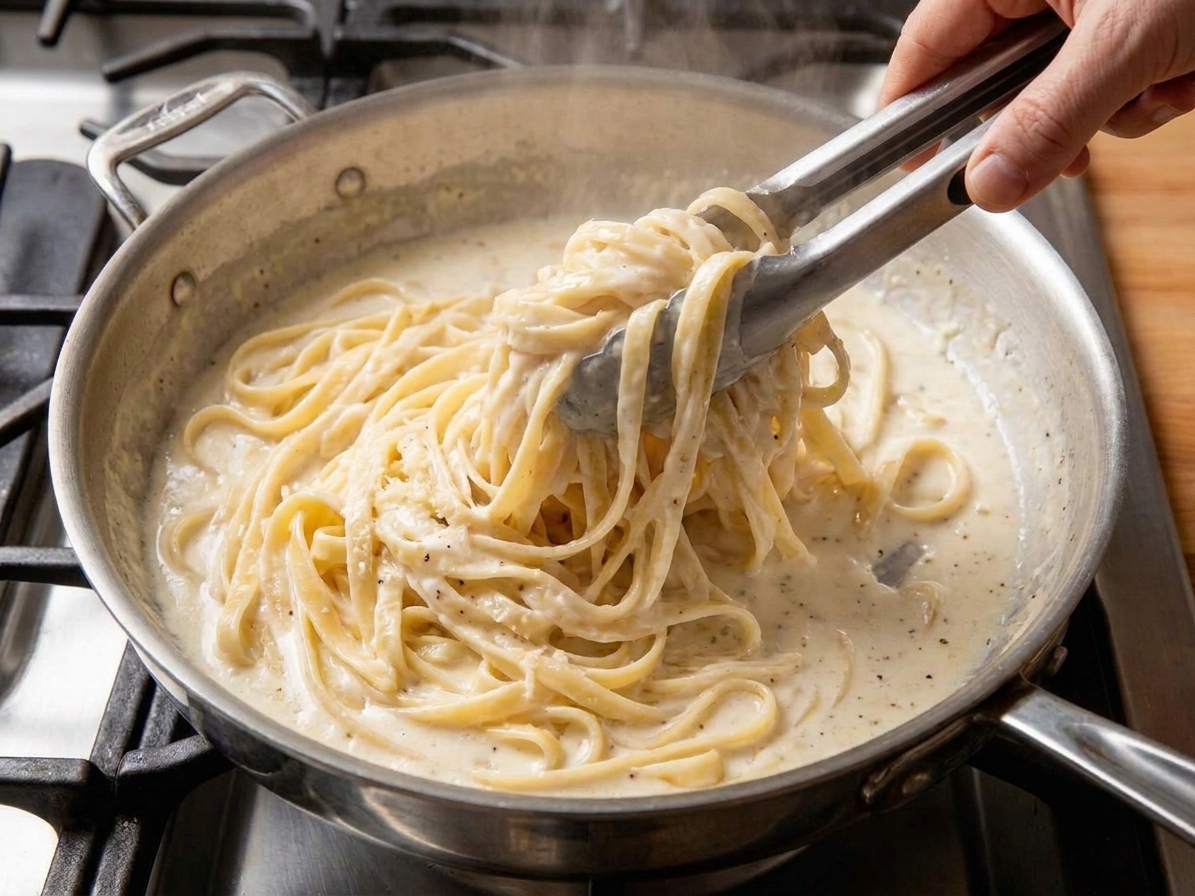 Fettuccine being tossed in a creamy Alfredo sauce in a skillet using tongs