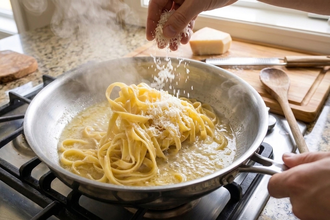 Fettuccine being tossed in a skillet while freshly grated Parmesan is sprinkled in, the sauce turning glossy as it coats the noodles