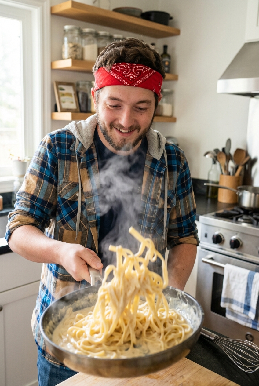 Fettuccine being tossed in a skillet with creamy Alfredo sauce as steam rises