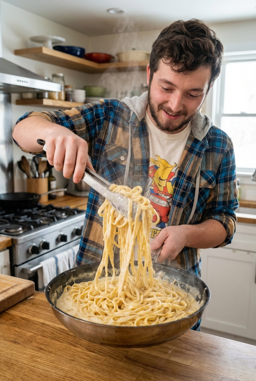 Fettuccine being tossed in a skillet with creamy Alfredo sauce using tongs
