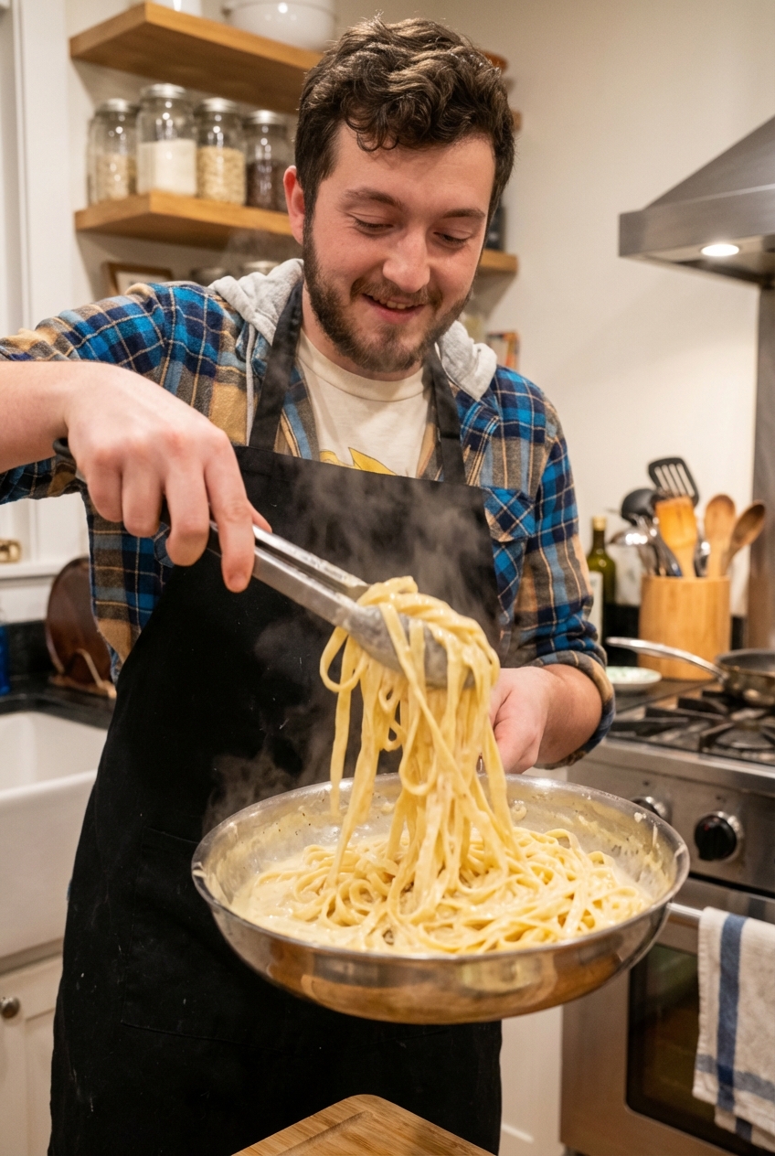 Fettuccine being tossed in a skillet with creamy Alfredo sauce using tongs