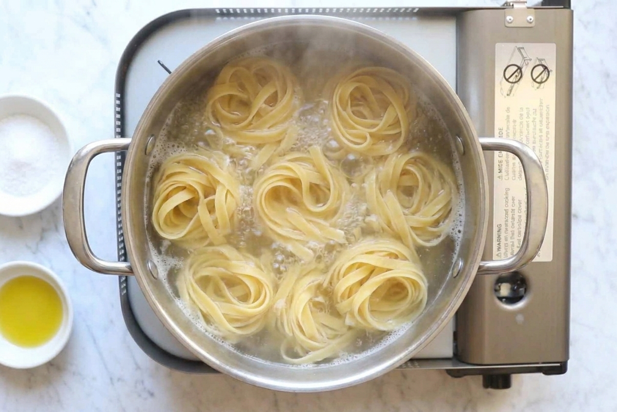 Fettuccine boiling in a large pot on the stovetop with steam rising