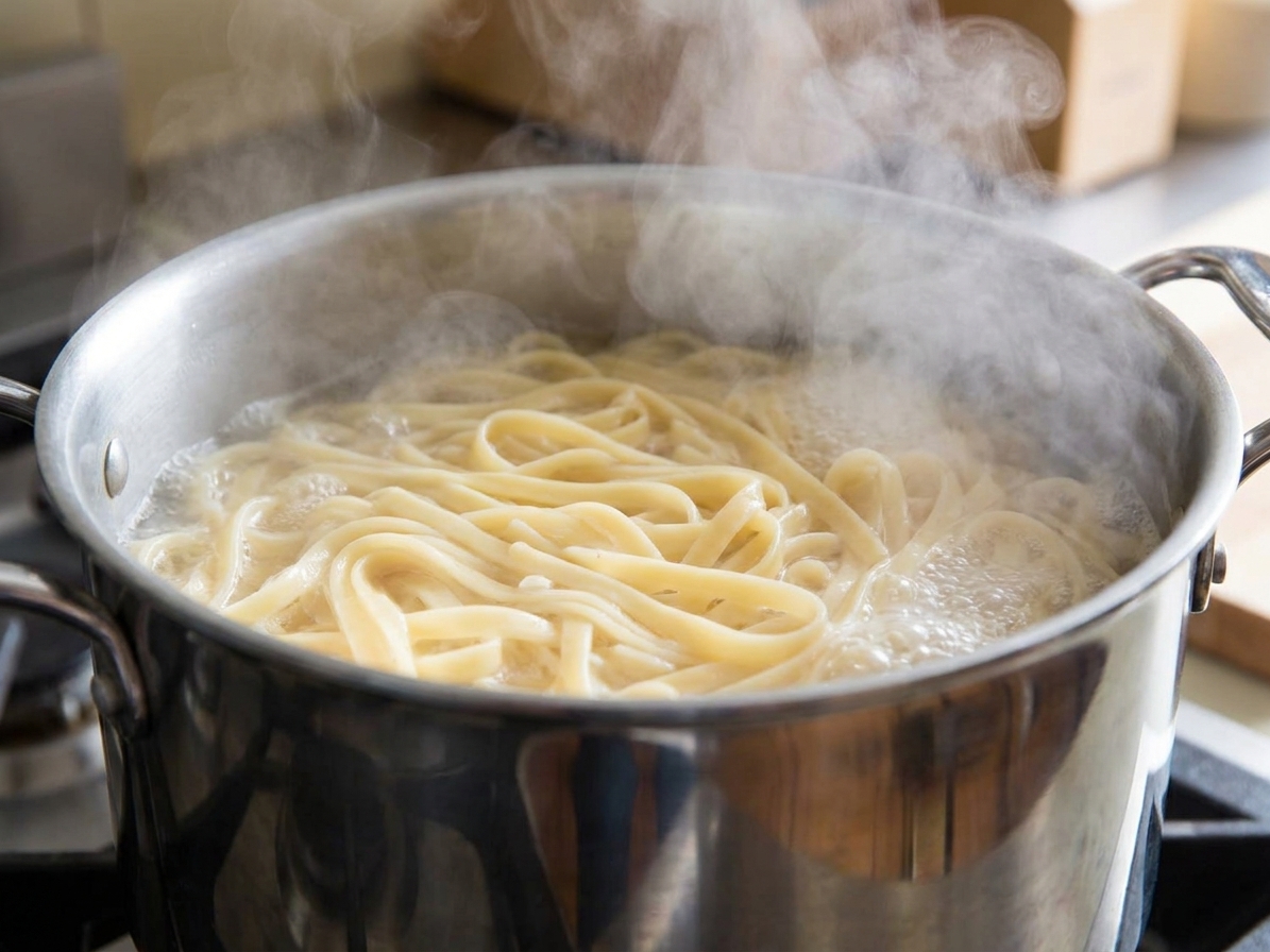 Fettuccine boiling in a large stainless steel pot with steam rising