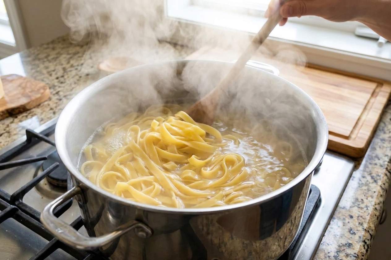 Fettuccine noodles boiling in a large pot of salted water on a stovetop with steam rising