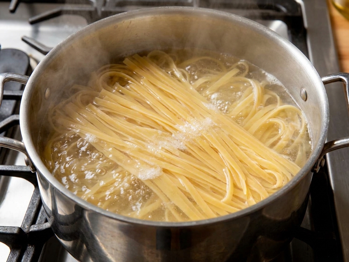 Fettuccine noodles boiling in a large pot of salted water on a stovetop