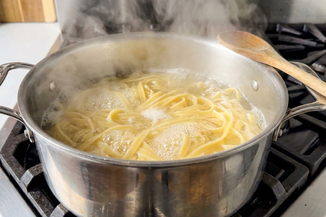 Fettuccine noodles boiling in a large stainless steel pot on a stovetop with steam rising