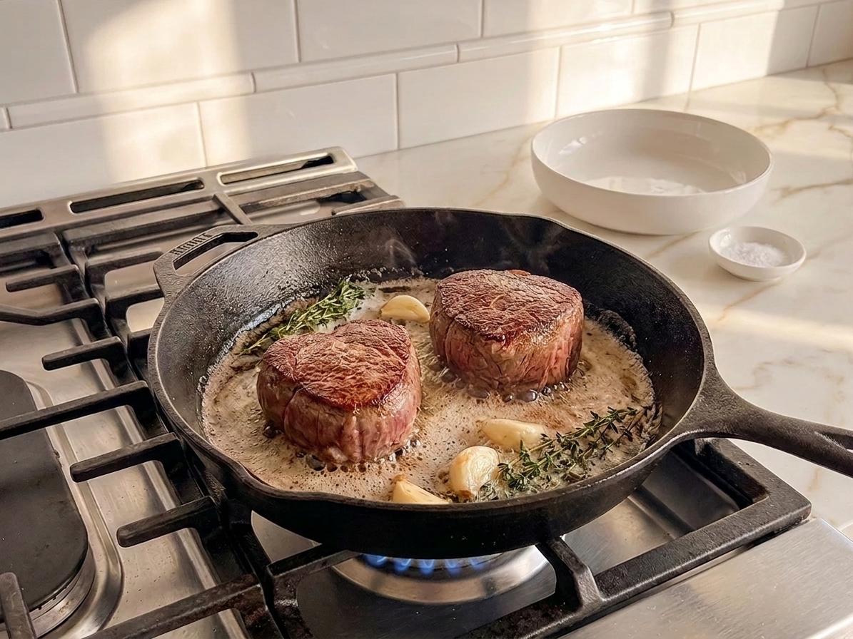Filet mignon steaks developing a brown crust in a hot skillet with visible sizzling oil