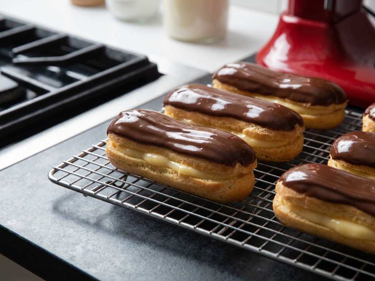 Filled éclairs resting on a rack with glossy chocolate glaze setting on top