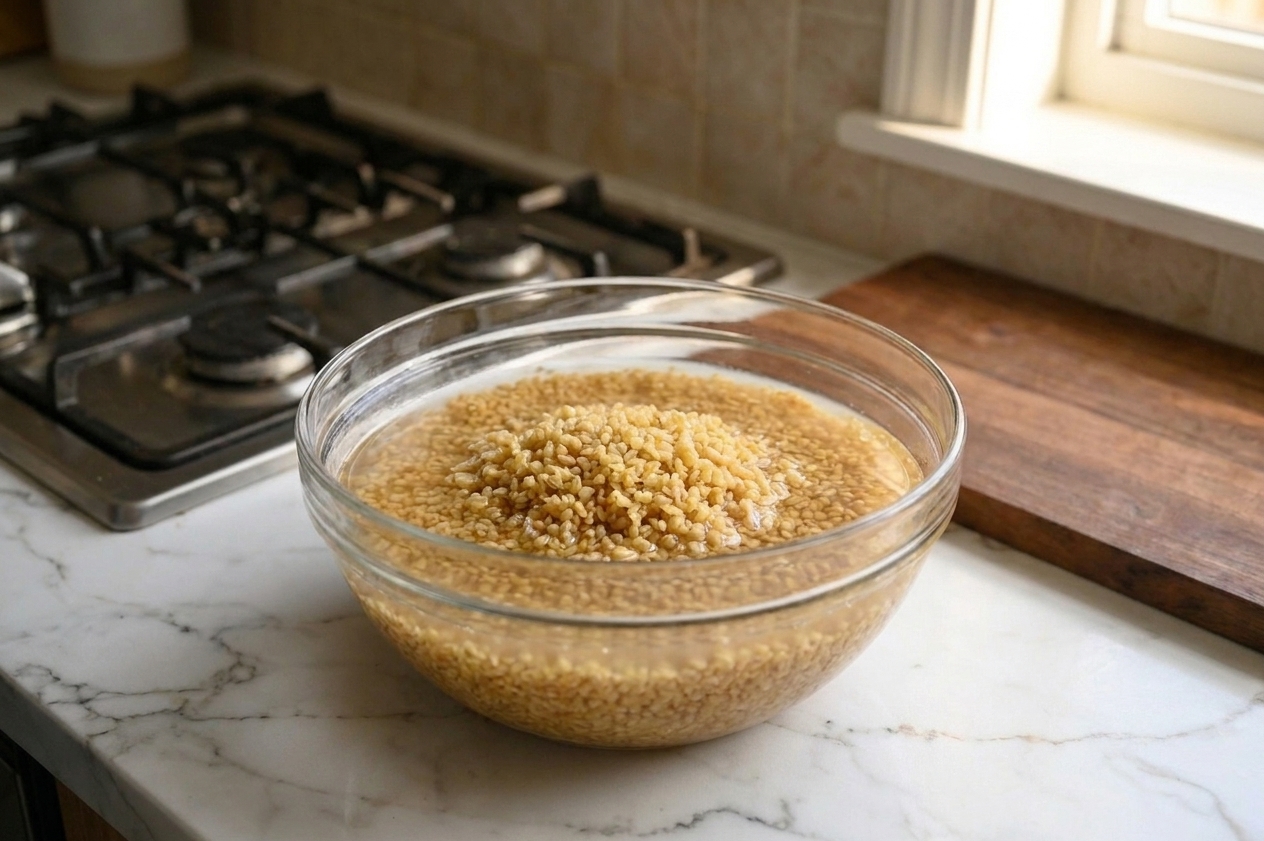 Fine bulgur soaking in warm water in a glass bowl on a kitchen counter, grains plumped and hydrated