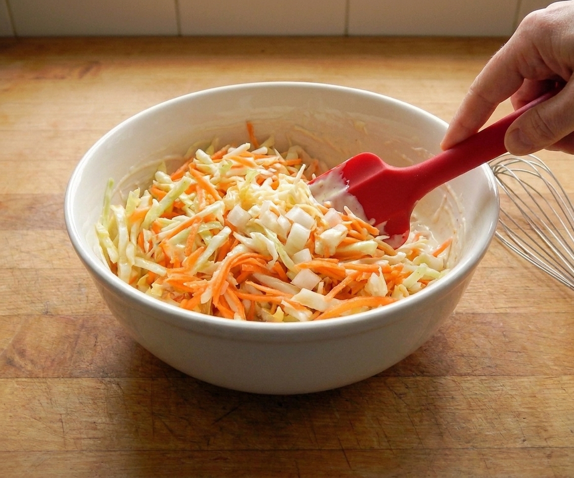 Finely chopped cabbage, carrot, and onion being folded with creamy dressing in a large mixing bowl using a silicone spatula on a bright kitchen counter
