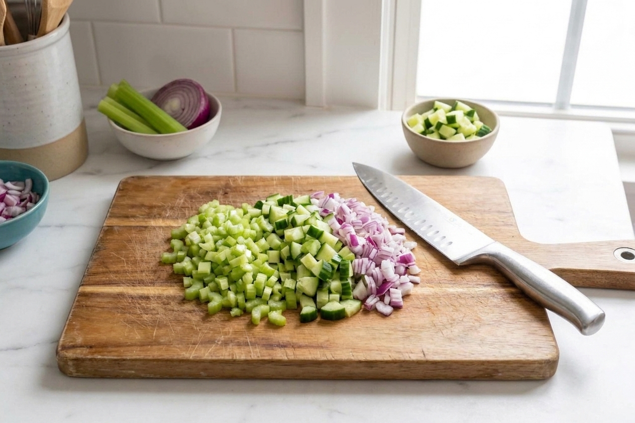 Finely chopped celery, cucumber, and red onion piled on a cutting board next to a chef's knife in a home kitchen