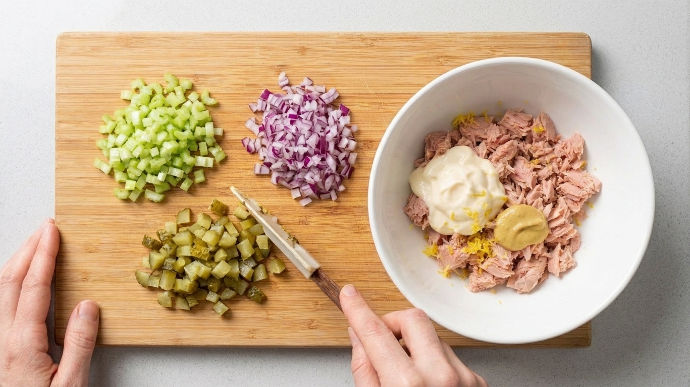 Finely chopped celery, red onion, and dill pickles on a cutting board beside a mixing bowl