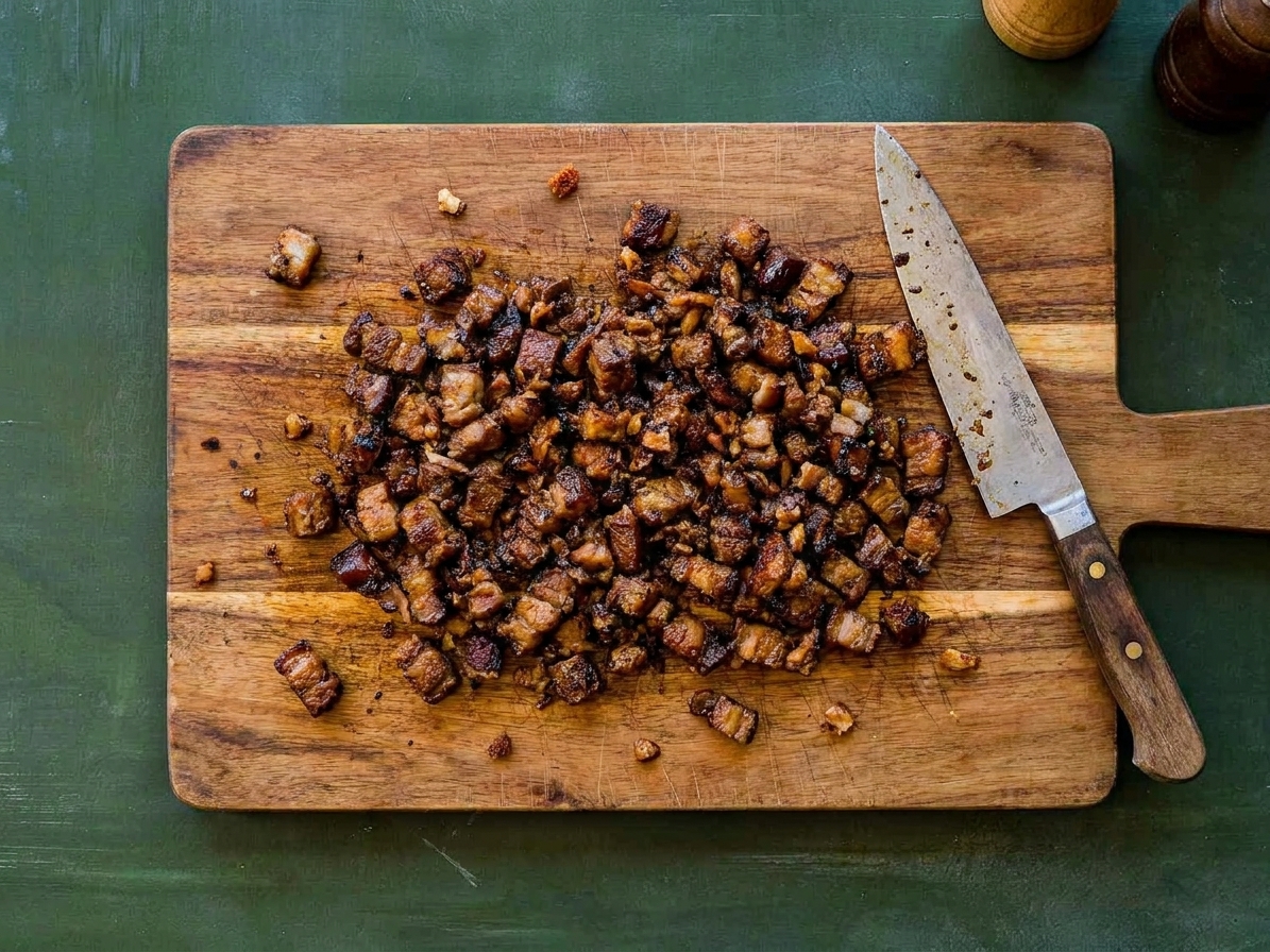 Finely chopped cooked pork belly on a wooden cutting board with a chef's knife beside it in a home kitchen
