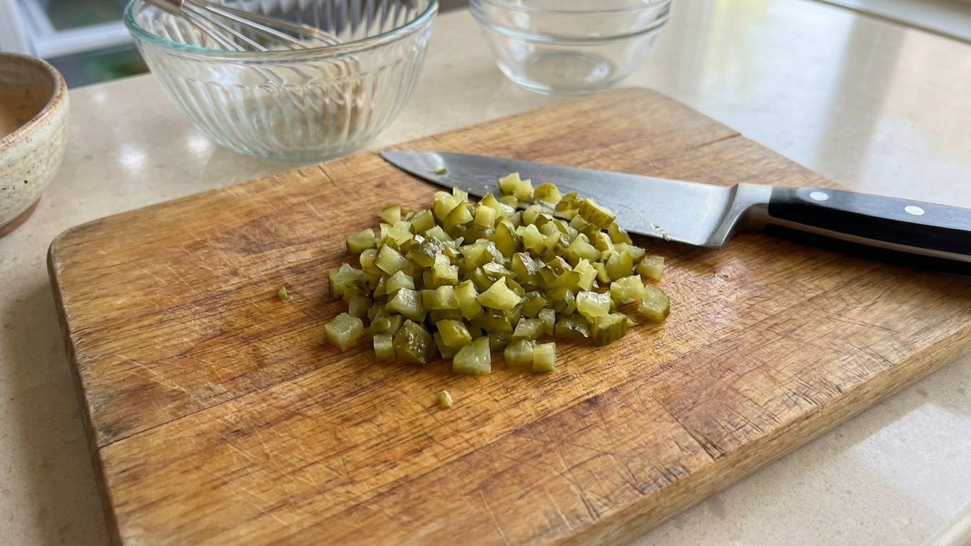 Finely chopped dill pickles in a small pile on a wooden cutting board with a chef’s knife nearby